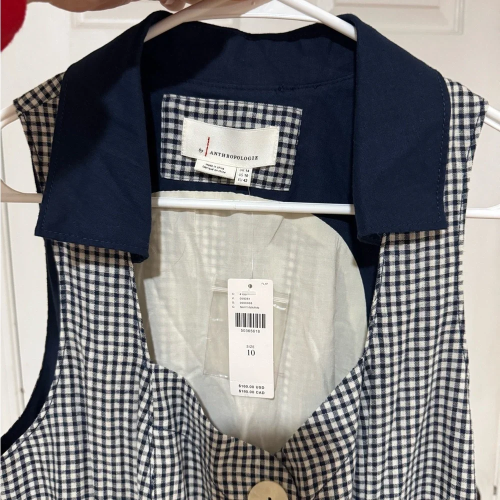 HTF Anthropologie Navy Blue Linen Cotton Gingham Camellia Collared Dress Size 10 - Picture 10 of 13